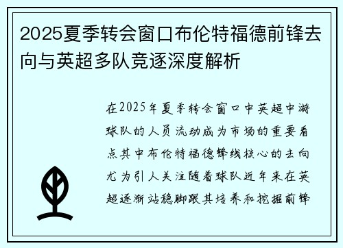 2025夏季转会窗口布伦特福德前锋去向与英超多队竞逐深度解析