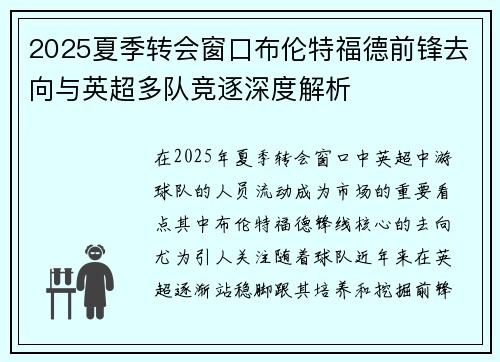 2025夏季转会窗口布伦特福德前锋去向与英超多队竞逐深度解析
